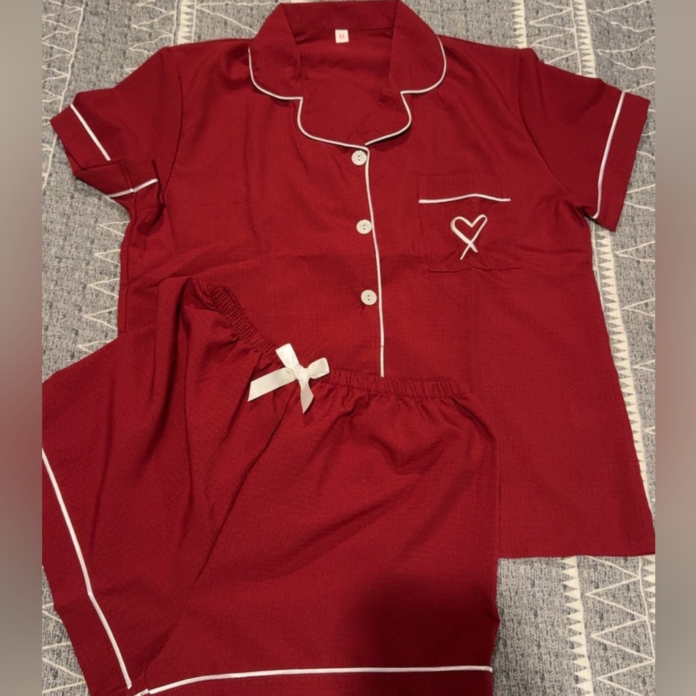 Burgundy/red Pajama Set with White Piping